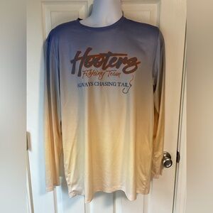 Blue and yellow Hooter’s Fishing Team long sleeved shirt by Paragon UPF 50-large